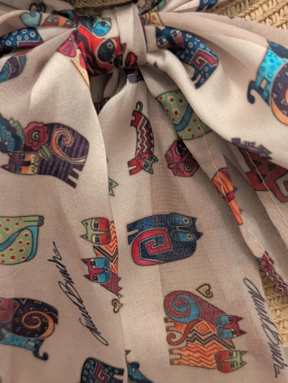 Laurel Burch Brim Straw Sun Hat with Decorative Scarf - Beige